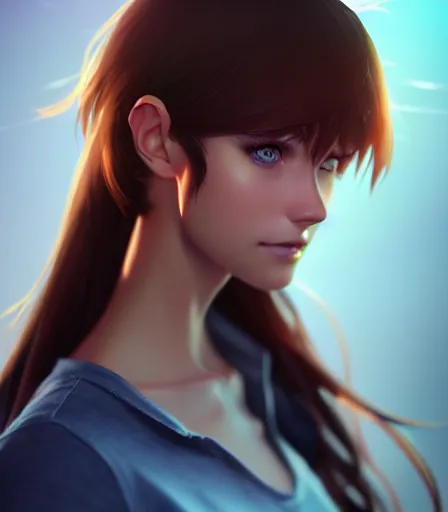 Image similar to portrait of a young woman with blue eyes, brown hair and a perfect body, wearing casual clothes, character design by charlie bowater, ross tran, artgerm, and makoto shinkai, detailed, soft lighting, rendered in octane