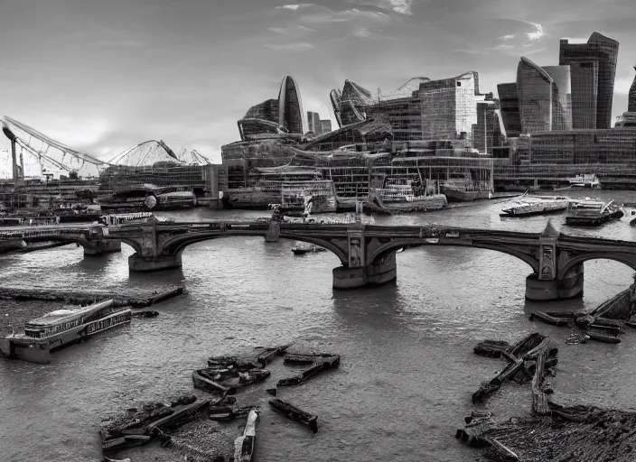 Image similar to A professional photograph of the London Bridge with the river Thames completely dried up, cyberpunk, futuristic, highly detailed, 4K, extreme detail, HDR