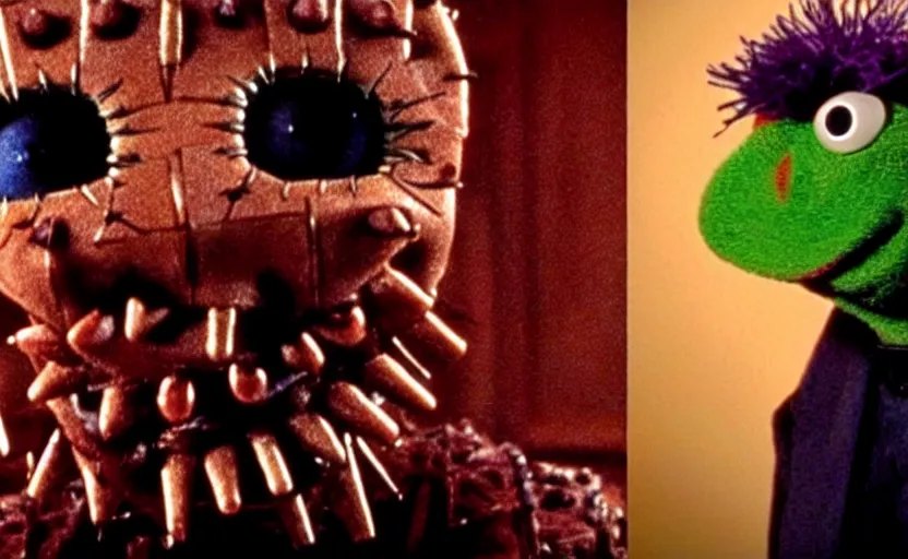 Prompt: the movie Hellraiser but it's all muppets vfx film
