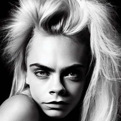 Image similar to photo of a gorgeous 20-year-old Cara Delevingne with 2050s hairstyle by Mario Testino, detailed, head shot, award winning, Sony a7R -