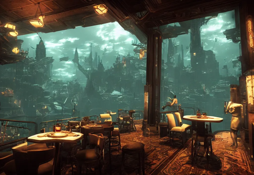 Prompt: In the world of rapture from the world of bioshock you are in a bar, there is a window that lets you see the whole city underwater and you are drinking a rum and coke, there are makes on the tables