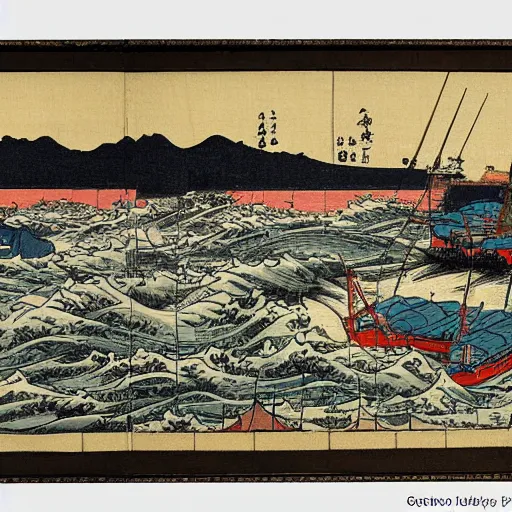 Image similar to a detailed painting of a tuna fishing port, a detailed painting by Ma Yuan, ukiyo-e, woodcut