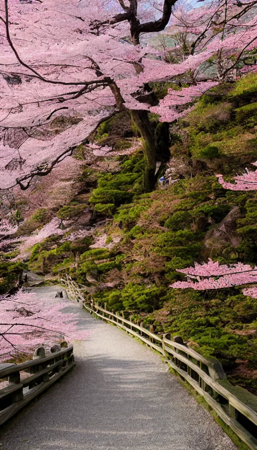 Image similar to a shinto shrine path atop a mountain,spring,sakura trees,beautiful,nature,distant shot,random point of view