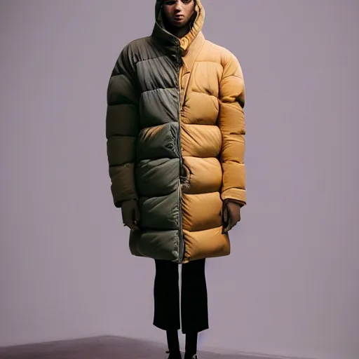 Image similar to realistic photoshooting for a new acne studio lookbook, color film photography, close up, model is wearing a puffer jacket, photo of a woman, photo in style of tyler mitchell, 3 5 mm, vetements, balenciaga, commes des garcon