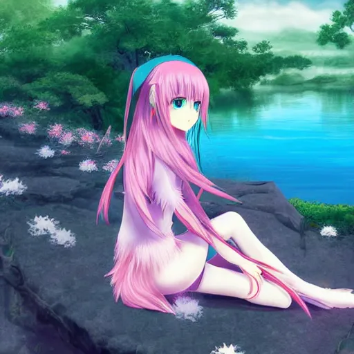Prompt: Soft blur, digital art, anime, advanced digital art, elf girl sitting at the edge of a cliff overlooking a lake filled with sakura petals, light reflected on her face in the style of Sasucchi95. —W 1024 —H 1024