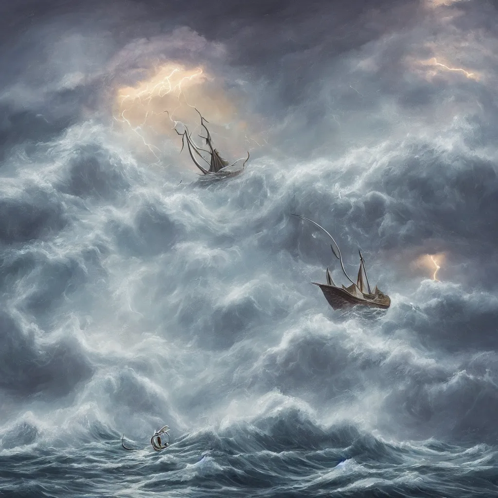 Prompt: a fantasy book style portrait of a giant squid, stormy sea, giant waves, lightning in the background, small boat, oil painting, 4 k