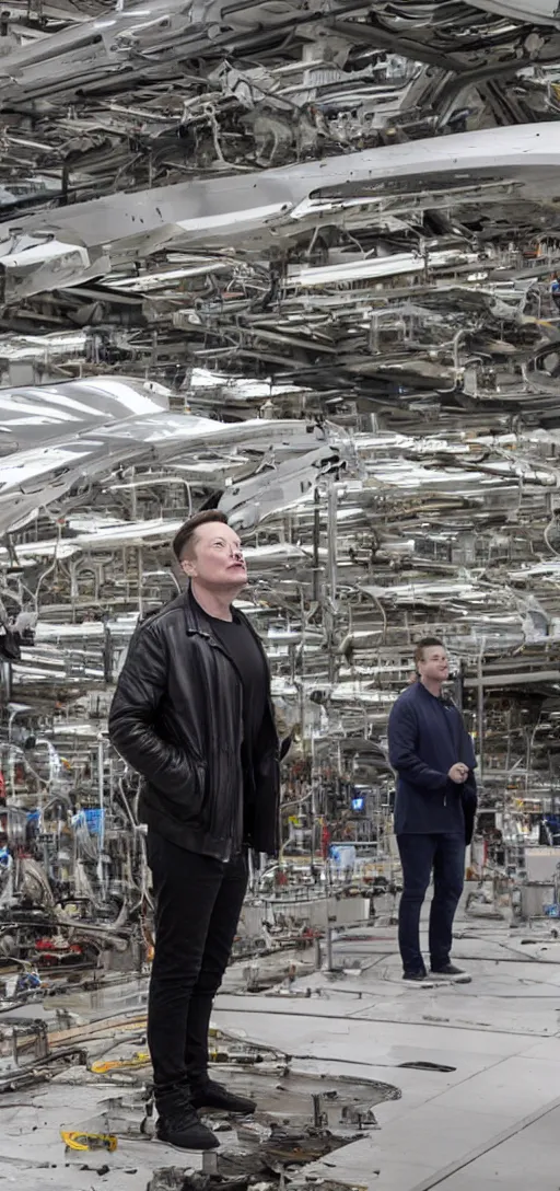 Prompt: elon musk crying while standing in a ruined tesla factory