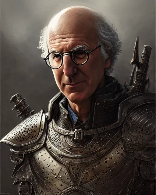 Prompt: larry david in armor, character portrait, portrait, close up, concept art, intricate details, highly detailed by greg rutkowski, michael whelan and gustave dore