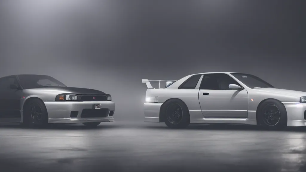 Image similar to a 1 9 9 4 black nissan skyline gt - r v - spec ii, cinematic, nikon d 7 5 0, long exposure, white balance, 8 k, led, lumen global illumination, fog, ray tracing reflections, fxaa, rtx, post - production