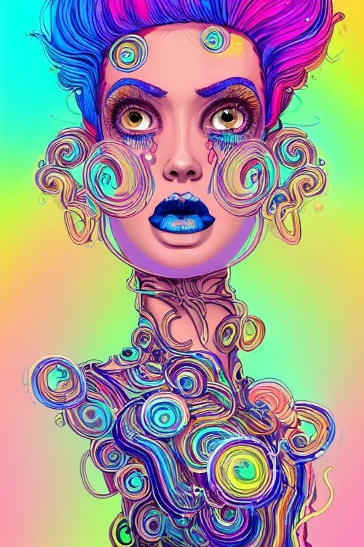 Prompt: a award winning portrait of a beautiful woman with stunning eyes in a one off shoulder croptop and cargo pants with rainbow colored hair, outlined by whirling illuminated neon lines and fine lines swirling in circles by joe fenton, digital art, trending on artstation