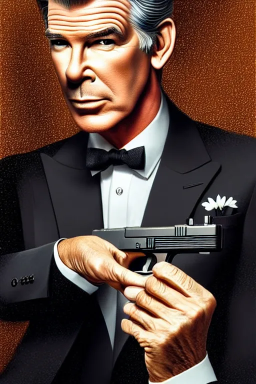 Prompt: Pierce Brosnan as James Bond holding highly detailed Glock pistol, art deco, cinematic intricate art deco leaf designs, elegant, , sharp focus, art by Artgerm and beeple and WLOP