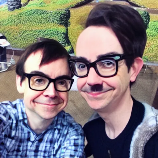 Image similar to A selfie of Rivers Cuomo and Tom Nook from Animal Crossing