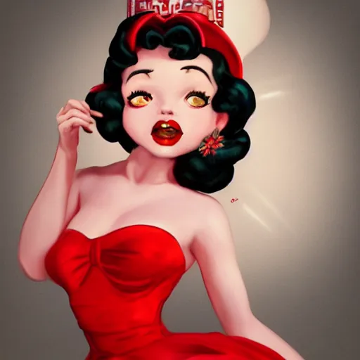 Image similar to vivien leigh as betty boop, red dress fully clothed, hyper detailed, digital art, trending in artstation, cinematic lighting, studio quality, smooth render, unreal engine 5 rendered, octane rendered, art style by klimt and nixeu and ian sprigger and wlop and krenz cushart