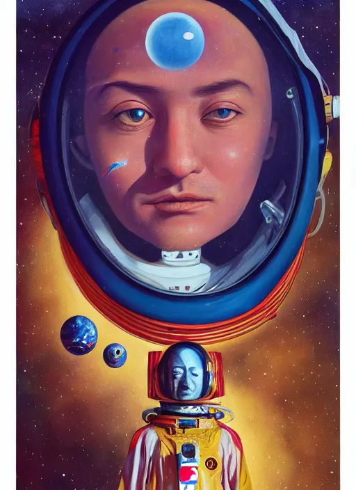 Prompt: beautiful portrait painting of the first man in space with aliens, by Afarin Sajedi, Alessandro Barbucci, Alex Gross, Shin Jeongho, Shohei Otomo. trending on Artstation, 8k, masterpiece, face enhance, graffiti paint, fine detail, full of color, intricate detail, golden ratio illustration