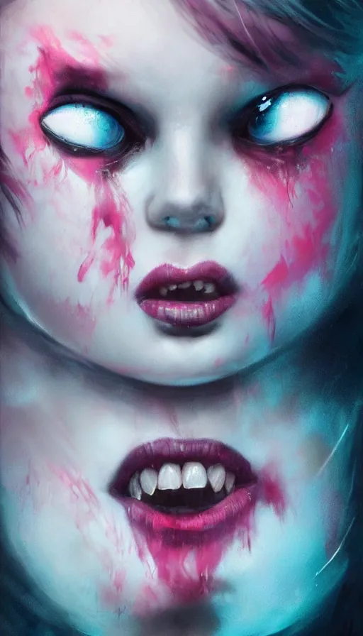 Prompt: shot of fiesty girl with pouty aerochrome ( ( ( lips ) ) ), powerful, adorable, expressive eyes, big evil grin, kawaii playful pose of a dancer, greg rutkowski, charlie bowater, yuumei, stephen gammell, unreal 5, daz, hyperrealistic, dark, dynamic lighting, fantasy art, beautiful face