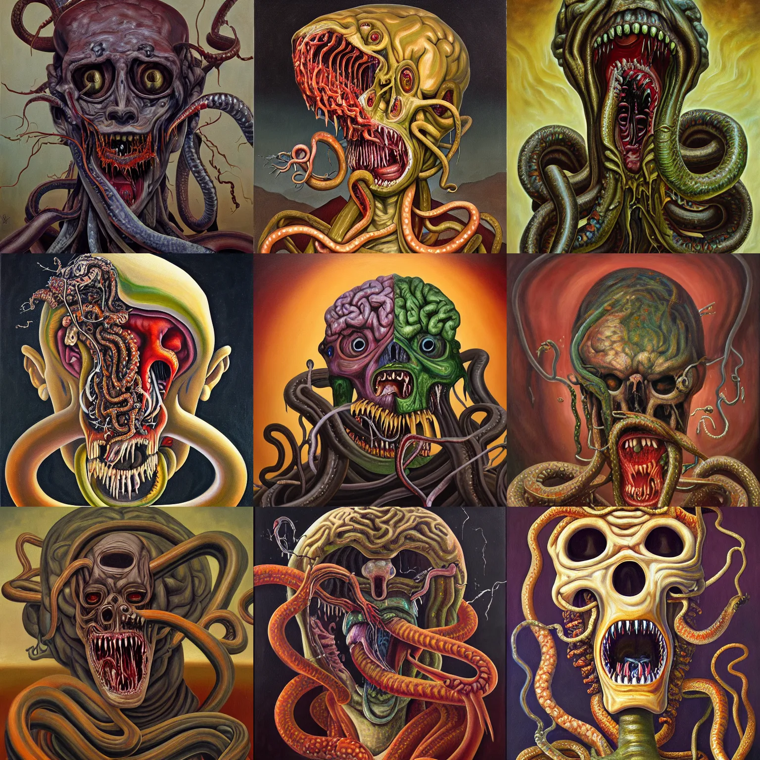 Prompt: an oil on canvas painting of a screaming decapitated man's partially decomposing face with many biting serpents swarming out of his exposed brain and into his mouth, a surrealist painting, polycount, surrealism, surrealist, lovecraftian, cosmic horror, high detailed