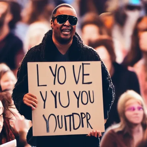 Image similar to man at concert waving placard, stating we love you stevie wonder