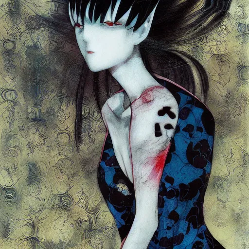 Image similar to yoshitaka amano blurred and dreamy realistic illustration of a woman with black eyes and white hair wearing dress suit with tie, junji ito abstract patterns in the background, satoshi kon anime, noisy film grain effect, highly detailed, renaissance oil painting, weird portrait angle, blurred lost edges, three quarter view