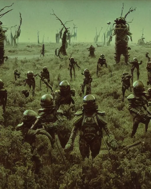 Image similar to group of sardaukar soldiers in a chlorine swamp, retrofuturism sci - fi old movie, highly detailed, photorealistic, 8 k, by beksinski and stalenhag