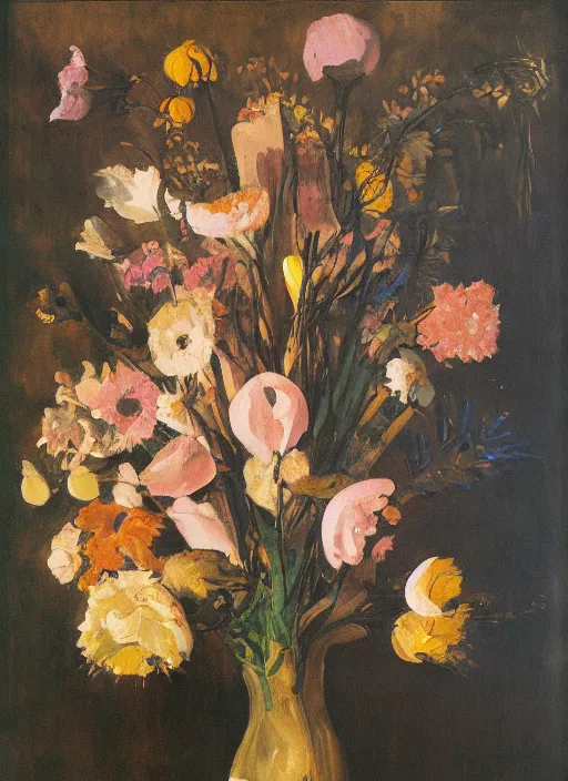 Image similar to a surreal painting of a breakfast still life, vase of flowers, by George Baselitz, symbolist, soft colors, dramatic lighting, smooth, sharp focus, extremely detailed, aesthetically pleasing composition