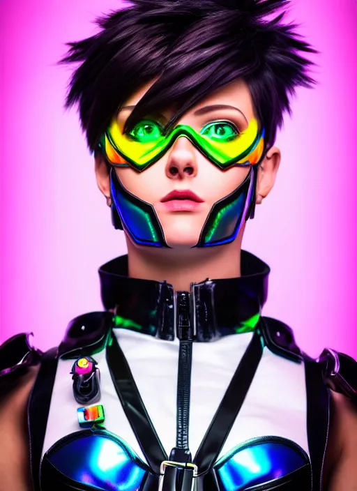 Image similar to hyperrealistic style portrait of tracer overwatch, confident pose, wearing black iridescent rainbow latex, rainbow, neon, 4 k, expressive surprised expression, makeup, wearing detailed black leather collar, wearing sleek armor, studio lighting, black leather harness, expressive detailed face and eyes,