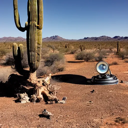 Prompt: trail cam photo of an alien and a wrecked ufo in the sonoran desert