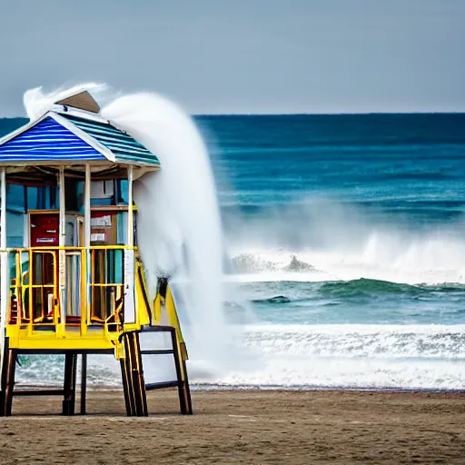 Image similar to a wave crashing into a lifeguard tower at the beach.