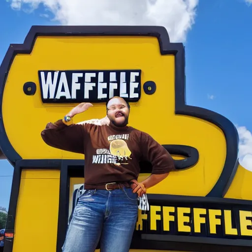 Image similar to wafflehouse employee's standing below wafflehouse sign