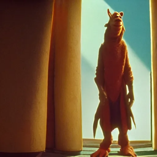 Prompt: jar jar binks is in love, still from a movie by wes anderson, cinematic, hyperreal, eerie, wide angle, insanely detailed, god rays, 3 5 mm