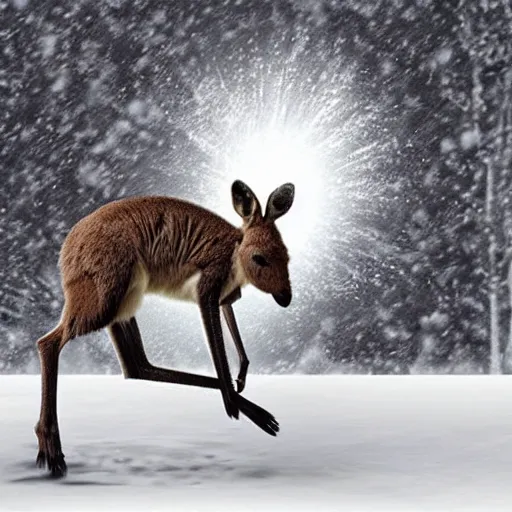 Prompt: hyper realistic digital art of kangaroo hopping through snow, snowing, magical