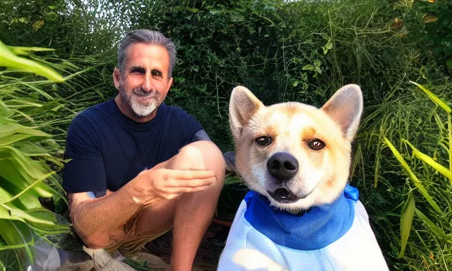 Prompt: My dad Steve just took a hit from the bongo and have good time being gracefully relaxed in the garden, sunset lighting. My second name is Carell. My dad second name is Carell. Im the dog and Steve Carell is my dad. Detailed face. Dog is long