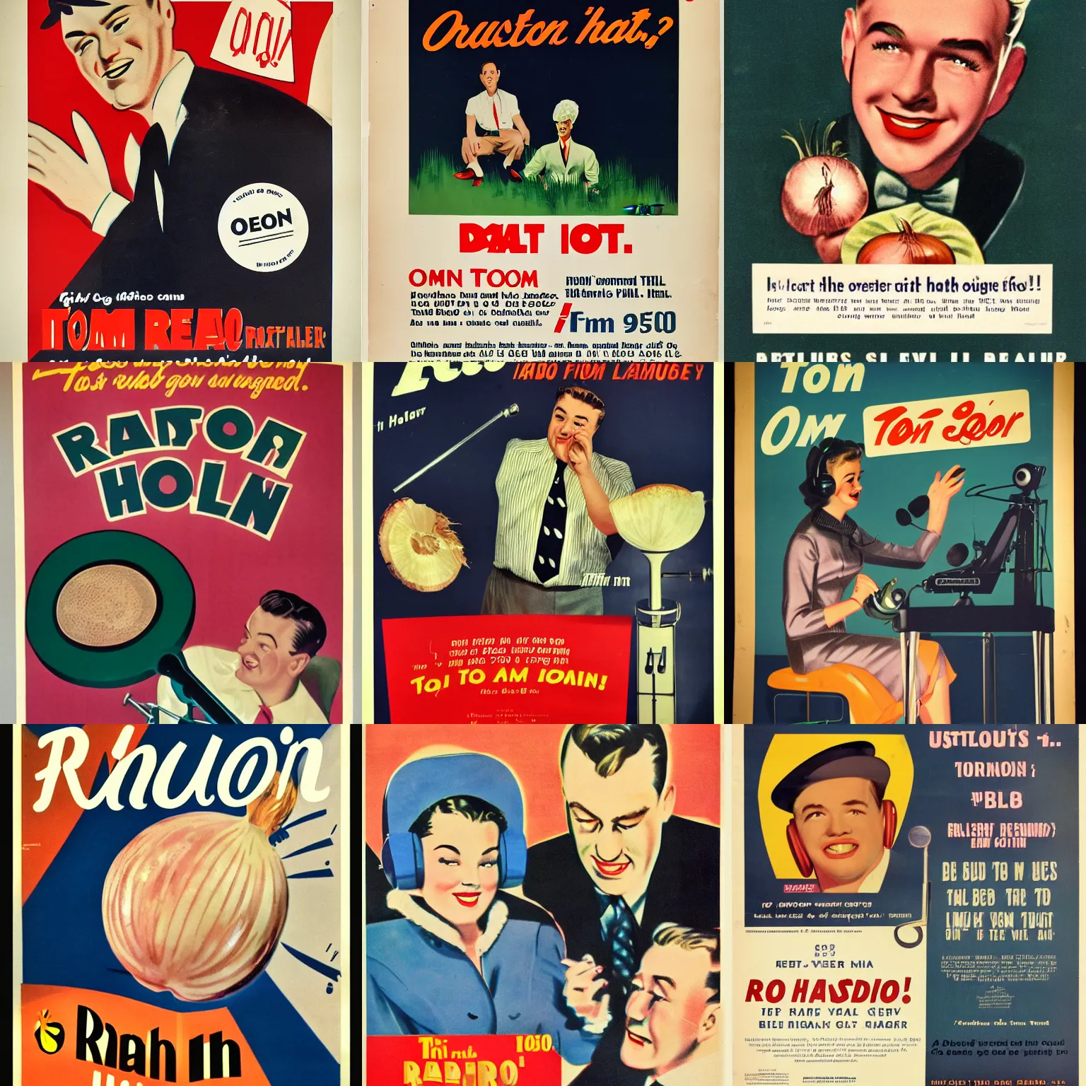 Prompt: 1950s poster advert for radio show Tom\'s Onion Half hour