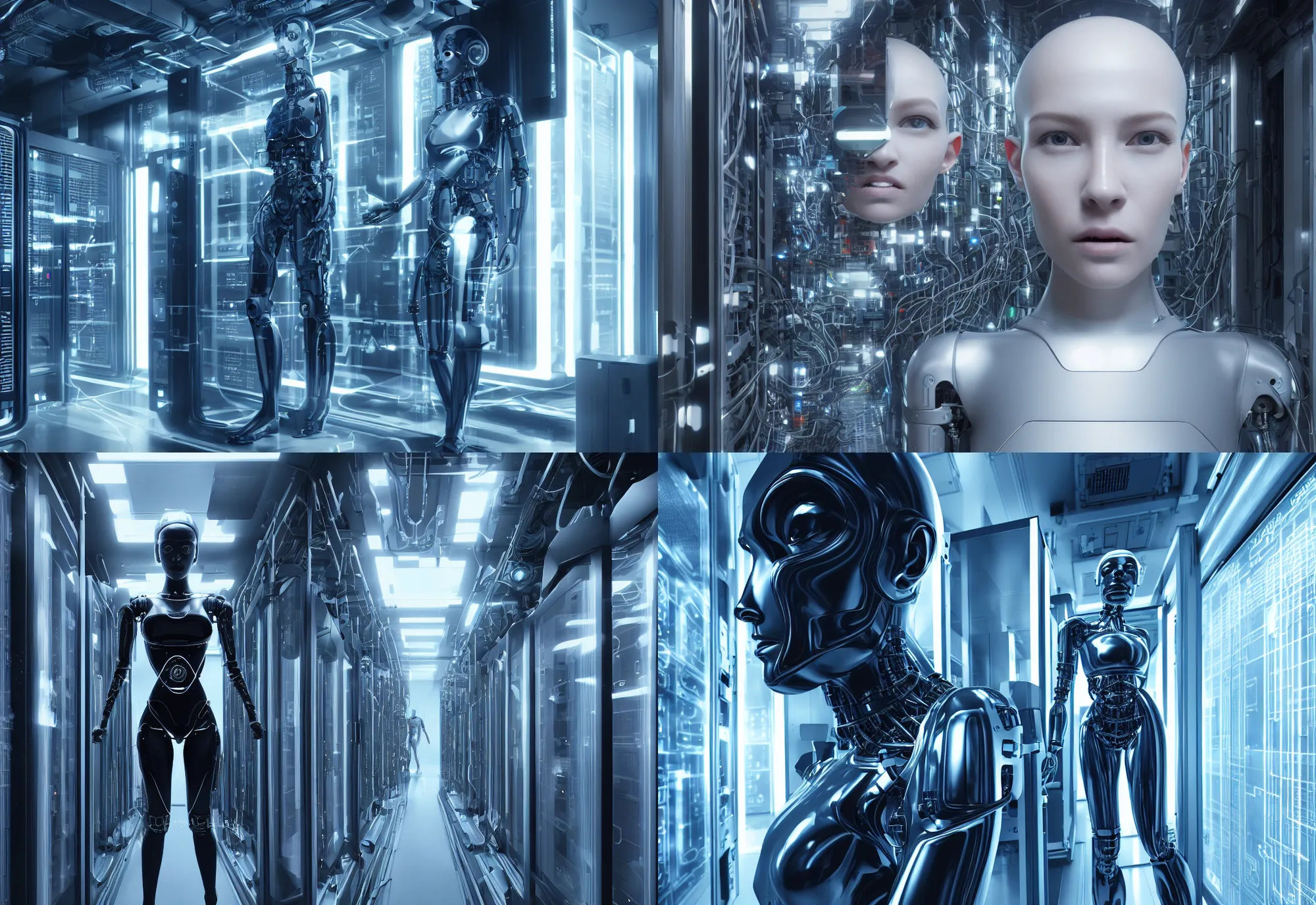 Prompt: hyper realistic android, beautiful symmetric human face and cyborg body, in data center, in detailed data center, in realistic data center, whole body, whole figure, character design, awesome composition rules, cinematic realistic, wery realistic, extreamly detailed octane render 8 k, by ex - machina, by cyberpunk