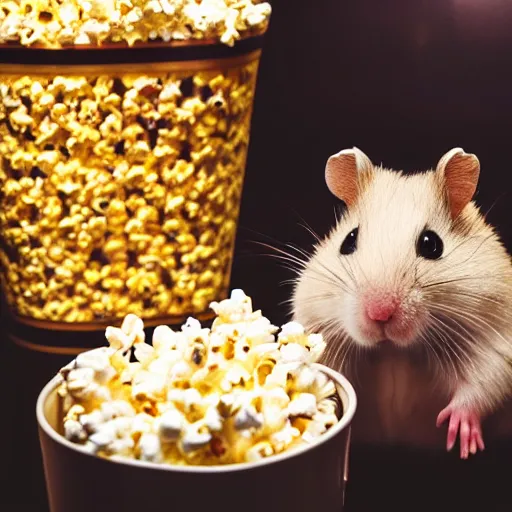 Prompt: photo of a hamster standing next to a bucket of popcorn, in a cinema, various poses, unedited, soft light, sharp focus, 8 k
