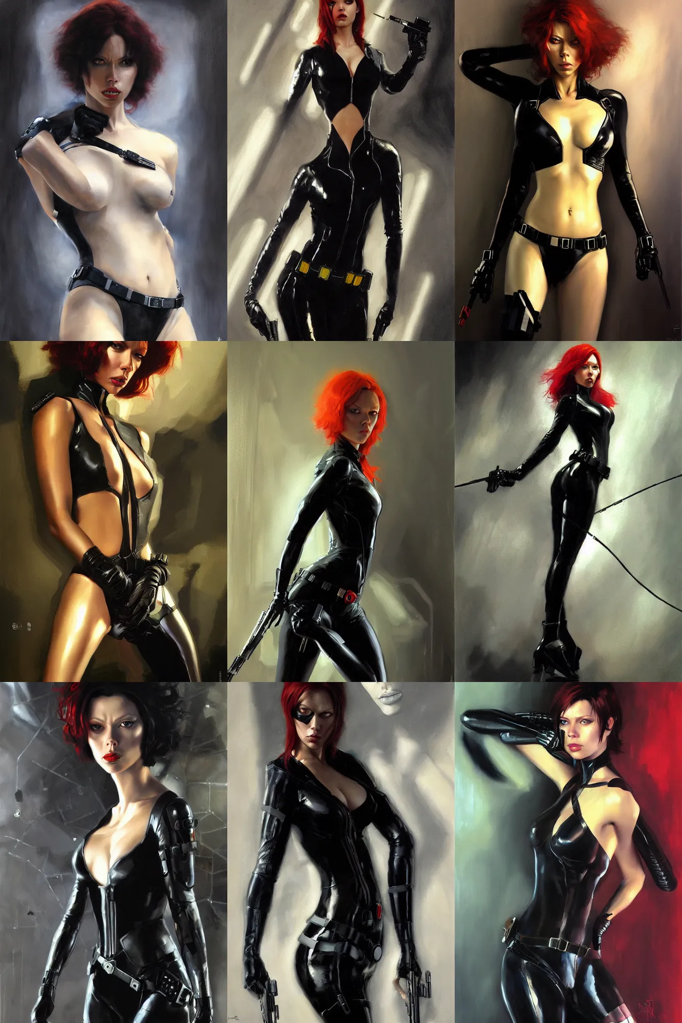 Prompt: very detailed oil painting of black widow as aeon flux by peter chung, loish, rembrandt, anne leibovitz, craig mullins