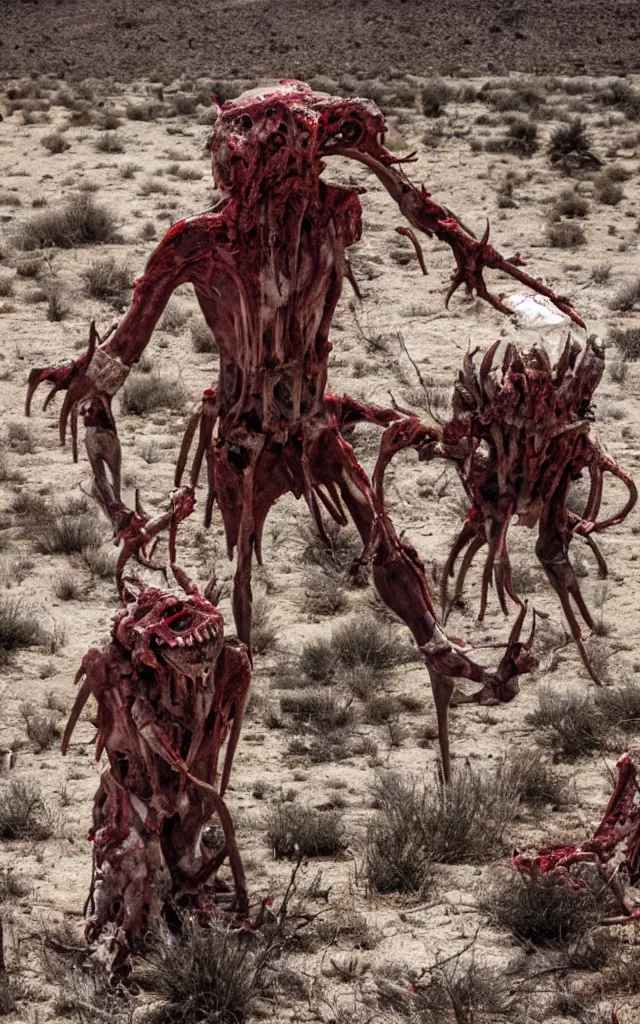 Image similar to in the desert a bloody gross horrifying The Thing creature made of muscle and bone and blood stares at the camera, eating, mid day, 35mm photography, realistic,