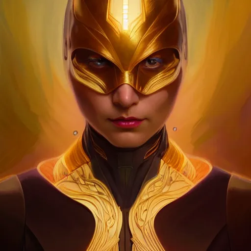 Image similar to superhero, sci fi, glowing eyes, volumetric lights, gold theme, art nouveau botanicals, intricate, highly detailed, digital painting, artstation, concept art, smooth, sharp focus, cinematic, illustration, beautiful face, art by artgerm and greg rutkowski and alphonse mucha