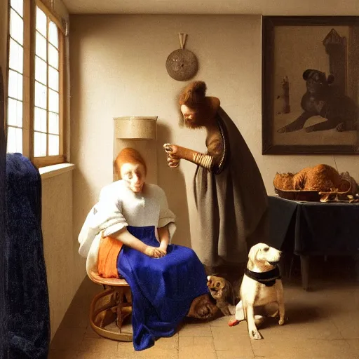 Prompt: dog feeding his pet human, an ultra high definition professional studio quality photograph, trending on artstation, vermeer.