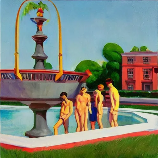 Image similar to a fine art painting of the ingame mascots from planet coaster in a water fountain with planet coaster in view in the style of edward hopper and wes anderson.