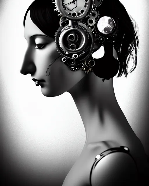 Image similar to black and white dreamy foggy poetic smoky profile face portrait, one silver steampunk realistic eye biomechanical beautiful angelic young female cyclope - cyborg - robot bust, body ribs meshes,, volumetric light, hibiscus flowers, by dora maar, rim light, big gothic fashion pearl embroidered collar, 8 k