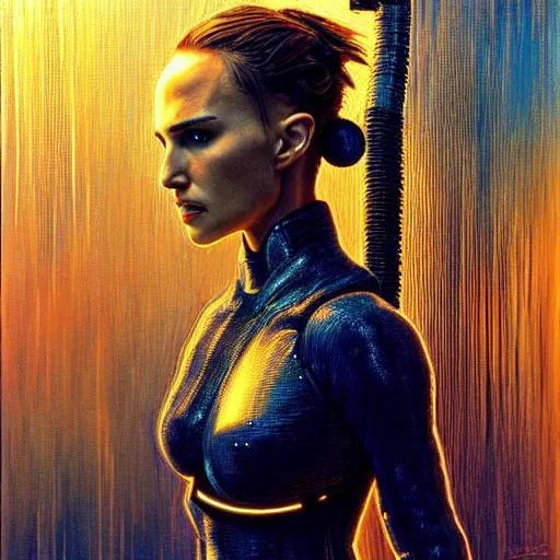 Image similar to natalie portman as cyberpunk samurai, atmospheric lighting, painted, intricate, blue and golden hour, ultra detailed by peter gric, giger, enki bilal