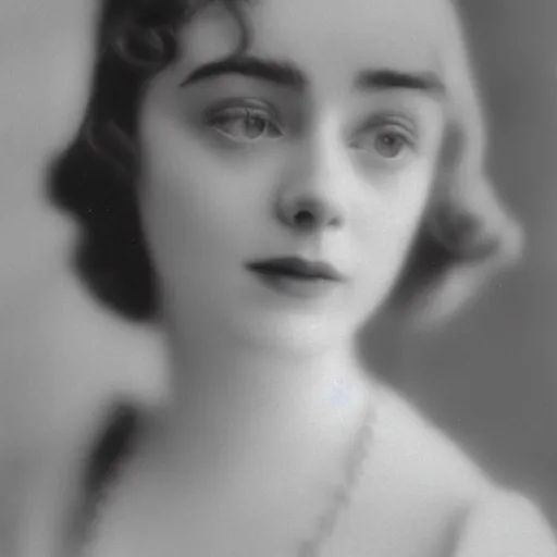 Prompt: headshot edwardian photograph of elle fanning, lily collins, scarlett johansson, 1 9 2 0 s film actress, realistic face, 1 9 1 0 s, grainy, victorian, soft blur