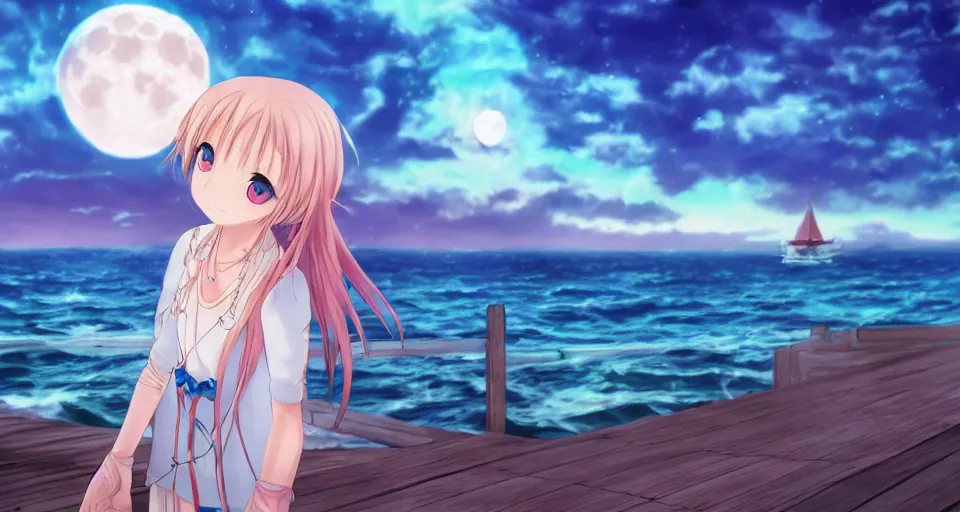 Image similar to one anime girl standing on a pier with the ocean as background at twilight, her blue shiny detailed eyes are looking at the camera, cute, big moon above the water, colorful, magical, detailed face, 8k, based on Puella Magi Madoka Magica