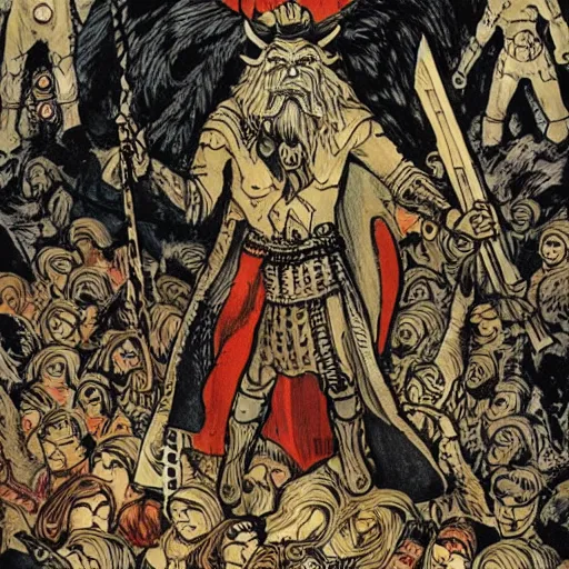 Image similar to odin with huggin and munning on his shoulders walking through the sea of death, followed by the valkyries. he is holding gungir in his right hand