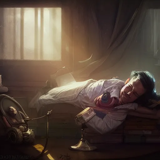 Image similar to an award winning commission of a doctor sleeping in a circus,digital art,detailed face,hyperdetailed,character design by charles bowater,greg rutkowski,artstation,deviantart,photorealistic