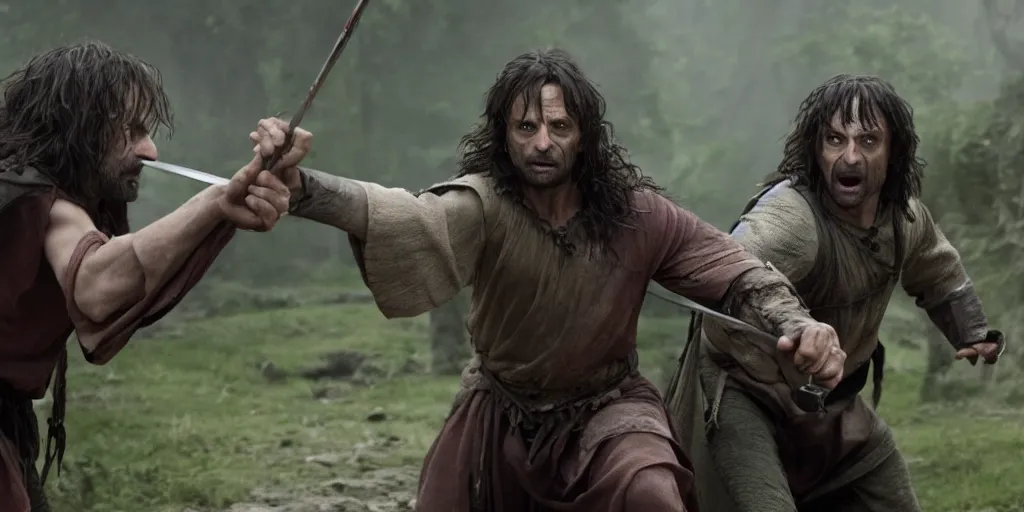 Prompt: rowan atkinson as aragorn fighting an orc, cinematic, high res, 4 k, realistic