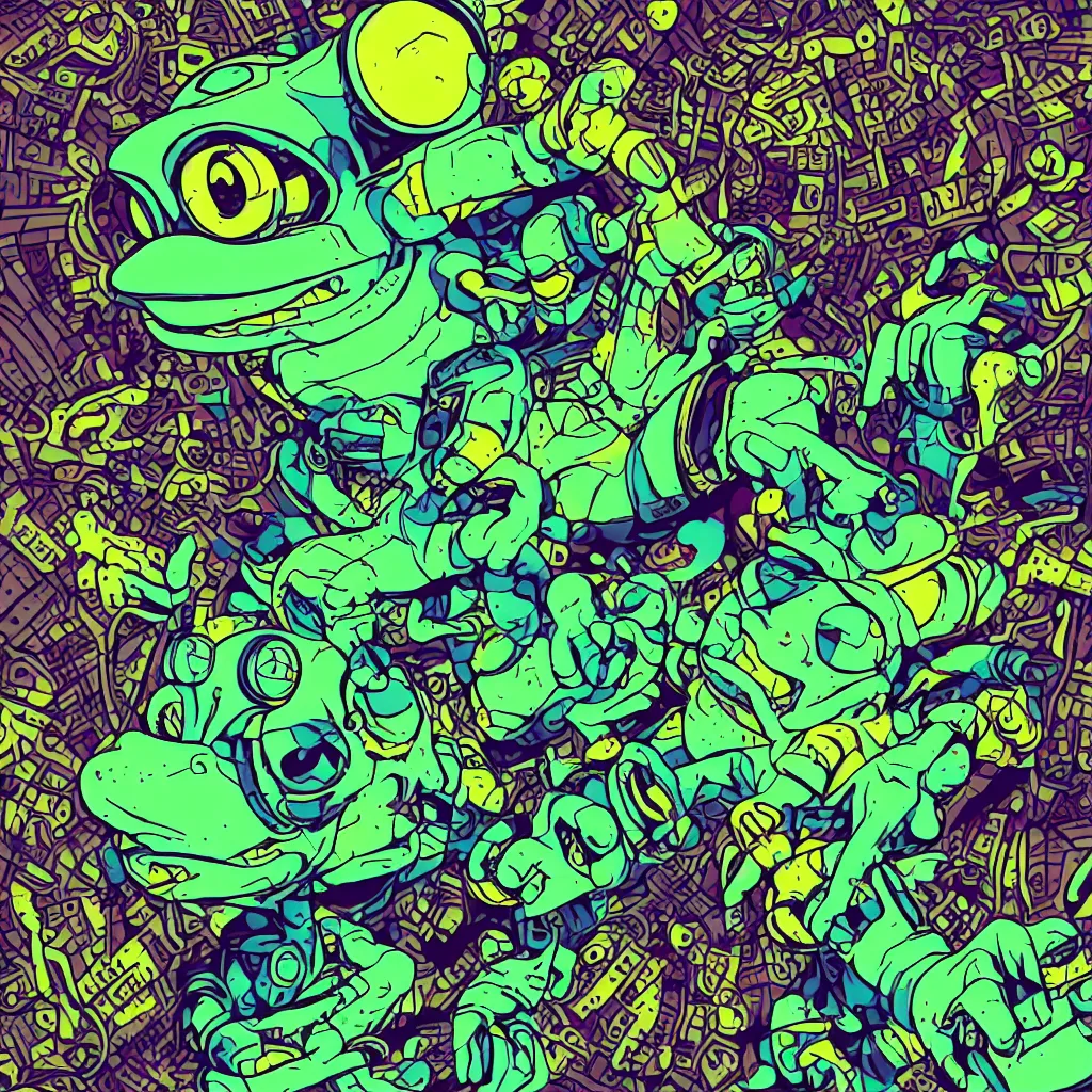 Image similar to toad head, ryuta ueda artwork, breakcore, style of jet set radio, y 2 k, gloom, space, cel - shaded art style, frogs, amphibians, sacred geometry, data, minimal, code, cybernetic, dark, eerie, cyber