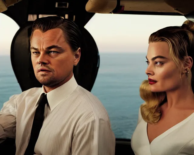 Image similar to leonardo dicaprio as the wolf of wall street next to margot robbie as naomi from the wolf of wall street in a helicopter, hyper realistic faces, beautiful eyes, cinematic, long shot, hyper detailed, 8 5 mm photograph, 8 k resolution, film still, sharp lens, wide lens