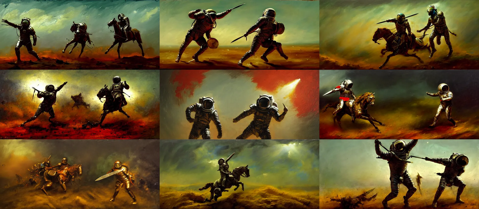 Prompt: battle scene, gladiator - astronaut using shield and knife, segmented armor, luminist style, tonalism, dramatic lighting, action scene, palette knife, frenetic brushwork, chiaroscuro, figurative art, detailed, proportions, spatter, dust, atmospheric, volumetric lighting, red iron oxide, raw sienna, and sage green