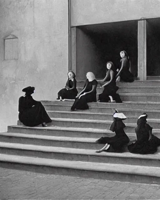 Image similar to a group of women in black dresses sitting on steps, a screenshot m. c. escher and pascal blanche and frank frazetta, behance, vorticism, reimagined by industrial light and magic, movie still, elite